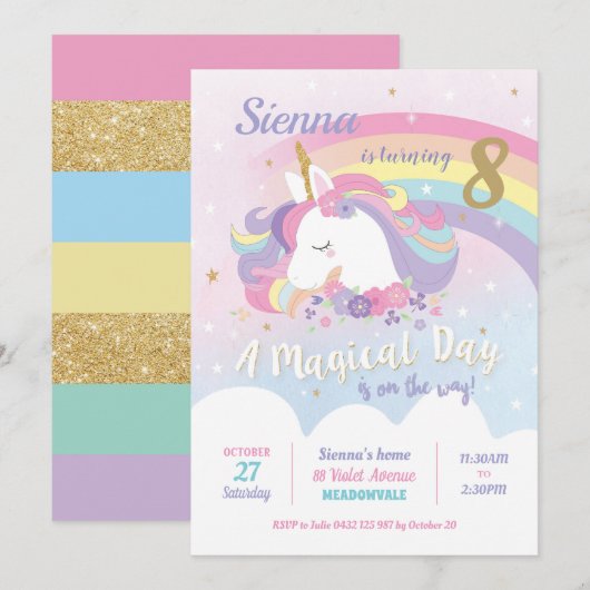 Unicorn Invitations Anniversaire Rainbow Girl (Devant / Derrière)