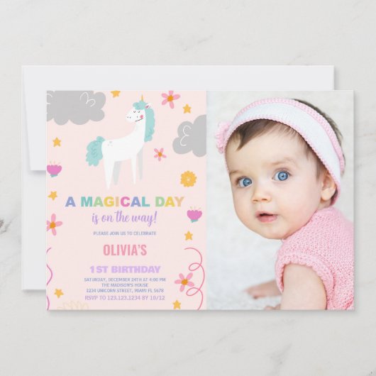 Unicorn Invitations d'anniversaire avec photo (Devant)