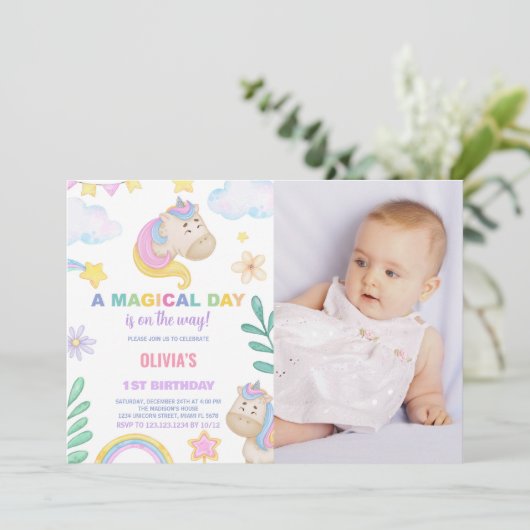 Unicorn Invitations d'anniversaire avec photo (Debout devant)