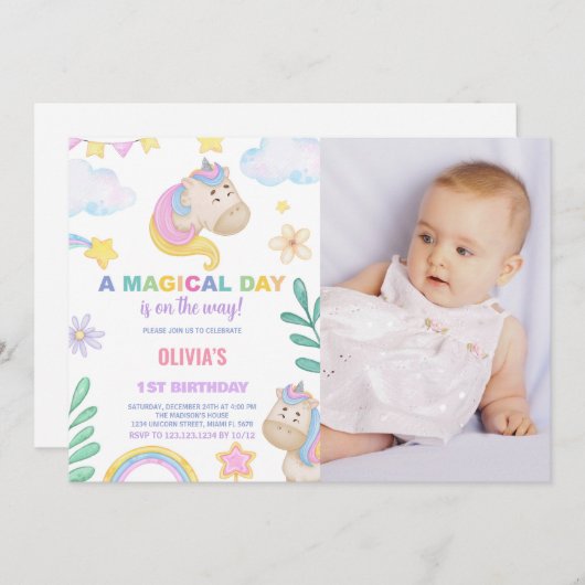 Unicorn Invitations d'anniversaire avec photo (Devant / Derrière)