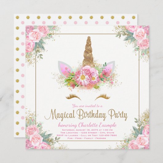 Unicorn Invitations de fête d'anniversaire (Devant / Derrière)