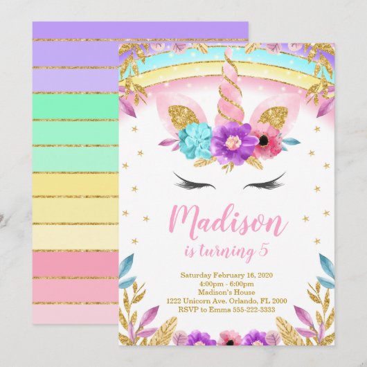 Unicorn Invite Unicorn Invites Unicorn Birthday Kaart (Voorkant / Achterkant)