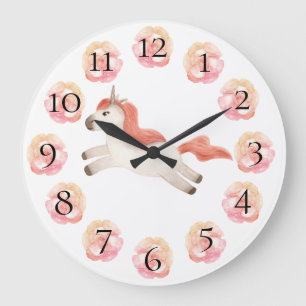 Unicorn Jolie fille Pastel Floral Grande horloge