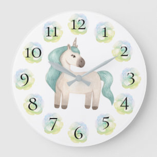Unicorn Jolie fille Pastel Floral Grande horloge