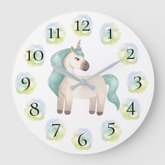 Unicorn Jolie fille Pastel Floral Grande horloge (Recto)