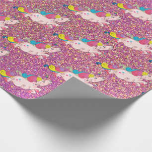Unicorn Kawaii Rainbow Gold Paars Pink Glitter Cadeaupapier