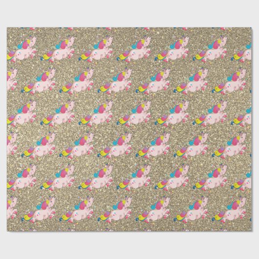Unicorn Kawaii Rainbow Metallic Gold Glitter Cadeaupapier (Vlak)