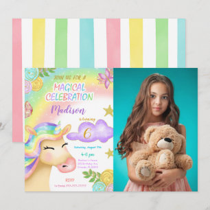 Unicorn Kids Verjaardagsfeestje Foto Uitnodiging