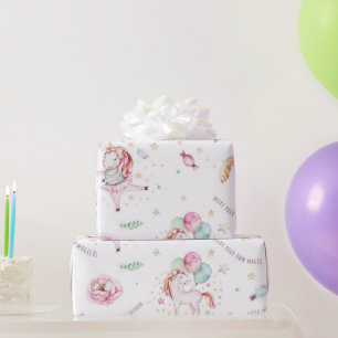 Unicorn Magic Pink Floral Birthday Party Cadeaupapier