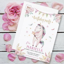 Unicorn Magic Pink Floral Birthday Party Uitnodiging Briefkaart