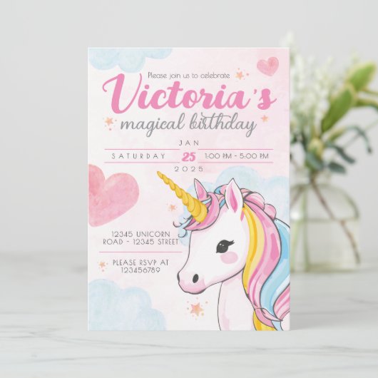 Unicorn Magical Birthday Invite Kaart (Staand voorkant)