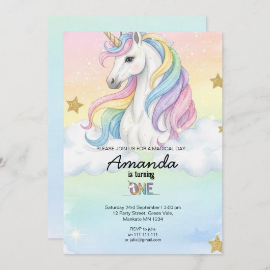 Unicorn Magical Birthday Party Invitation Card (Devant / Derrière)