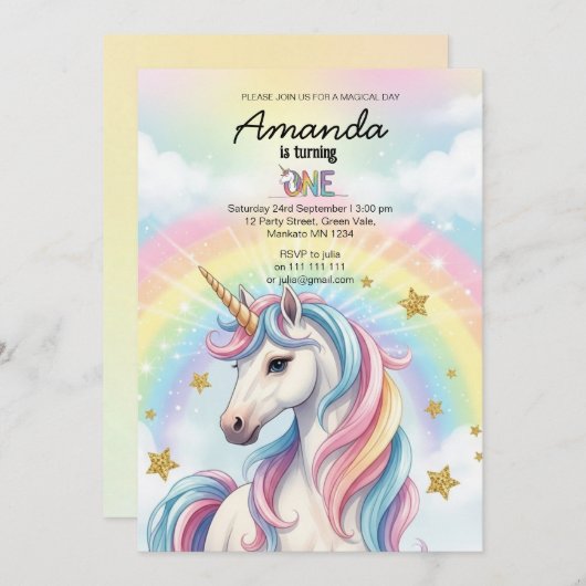 Unicorn Magical Birthday Party Invitation Card (Devant / Derrière)