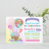 Unicorn magical zoete verjaardagsbash snoep pastel kaart (Staand voorkant)