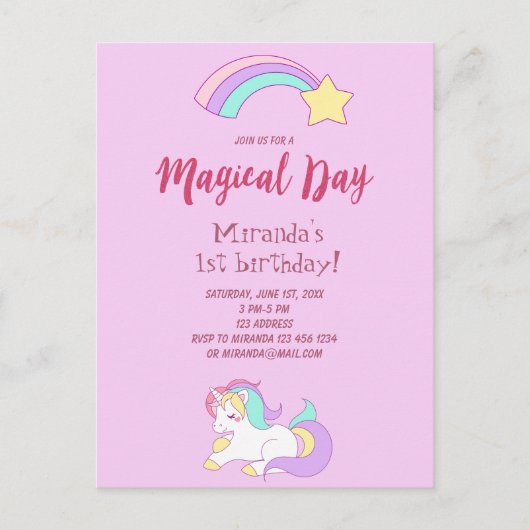 Unicorn magie girly 1er anniversaire invitation fê (Devant)