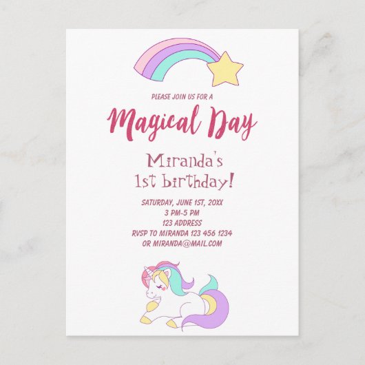 Unicorn magie girly 1er anniversaire invitation fê (Devant)