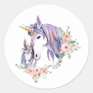  Unicorn Mam & Baby Waterverf Floral Ronde Sticker