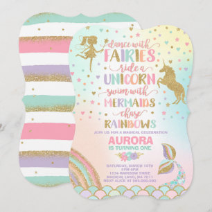 Unicorn Mermaid en Fairy Birthday Invitation Kaart