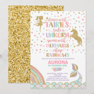 Unicorn Mermaid en Fairy Birthday Invitation Kaart