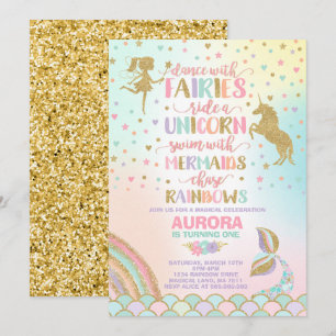 Unicorn Mermaid en Fairy Birthday Invitation Kaart