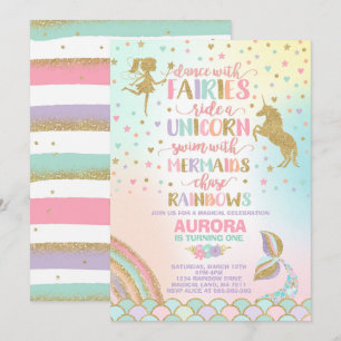 Unicorn Mermaid en Fairy Birthday Invitation Kaart