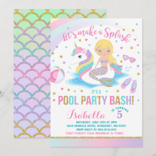 Unicorn & Mermaid Pool Party Birthday Uitnodiging