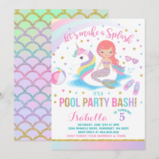 Unicorn & Mermaid Pool Party Birthday Uitnodiging (Voorkant / Achterkant)