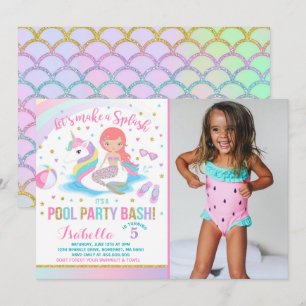 Unicorn & Mermaid Pool Party Birthday Uitnodiging