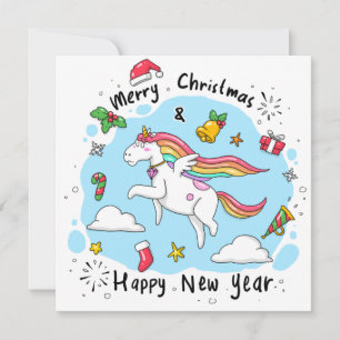 Unicorn Merry Kerstmis en Happy Nieuwjaar Feestdagenkaart