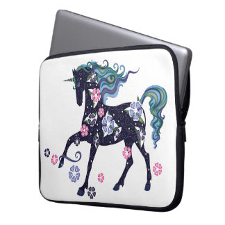 Unicorn met bloemen, donkerblauw laptop sleeve