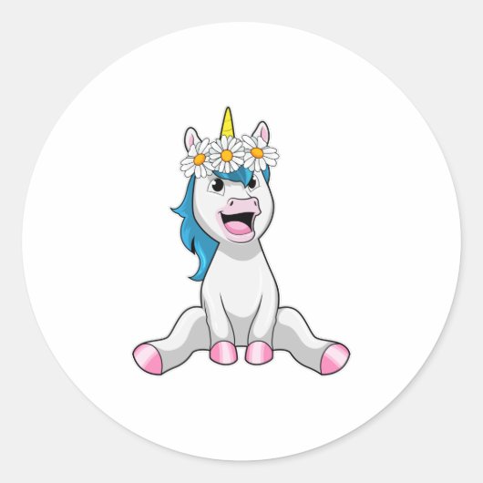 Unicorn met Flowers Daisy Ronde Sticker (Voorkant)
