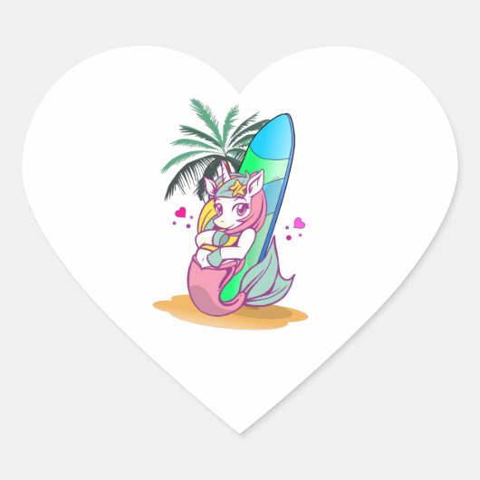 Unicorn met surfboard op het strand hart sticker (Voorkant)