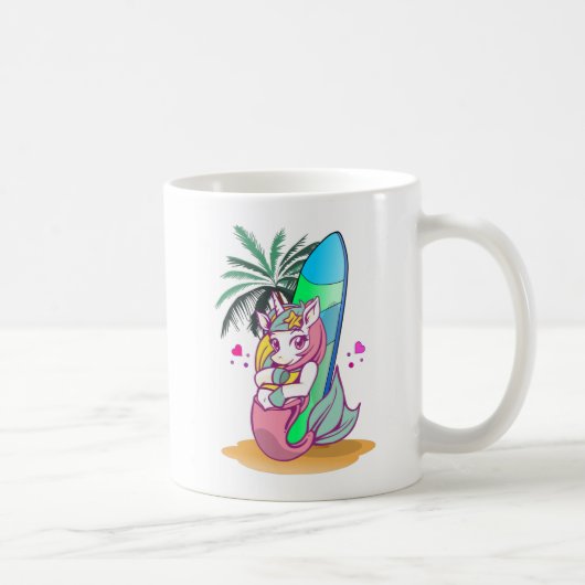 Unicorn met surfboard op het strand koffiemok (Rechts)