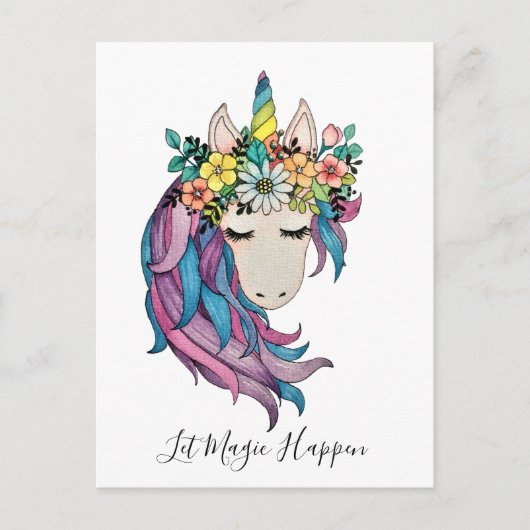 Unicorn met wilde bloemen in Waterverf Briefkaart (Voorkant)