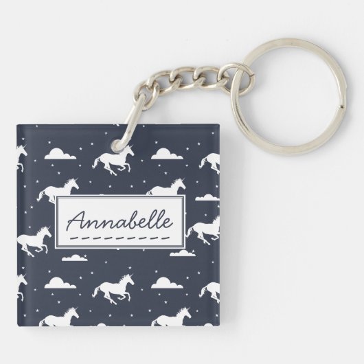 Unicorn Midnight Blue Sky Pattern - Gepersonalisee Sleutelhanger (Achterkant)