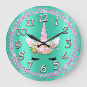 Unicorn Mint Gold Numbers Girly Glitter Spark Roze Grote Klok