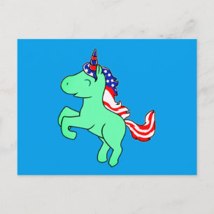Unicorn Mint Green Patriotic USA Flag Mane Cartoon Briefkaart