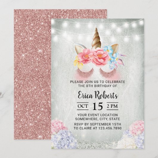 Unicorn Modern Roos Gold Glitter Magical Birthday Kaart (Voorkant / Achterkant)