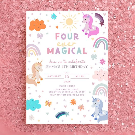 Unicorn modifiable Anniversaire Invitation 4e anni