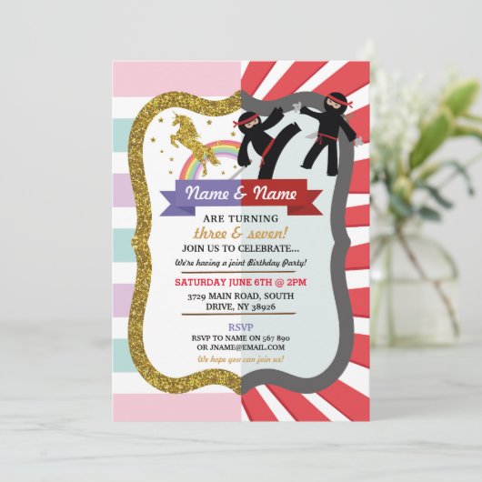 Unicorn & Ninja Joint Boy Girl Invitations d'anniv (Debout devant)