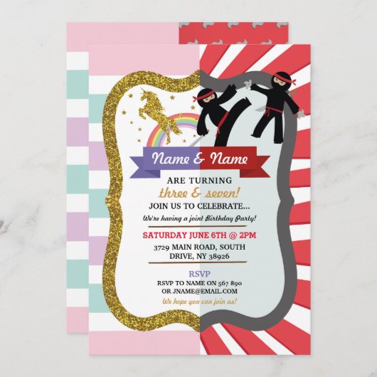 Unicorn & Ninja Joint Boy Girl Invitations d'anniv (Devant / Derrière)
