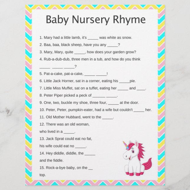 Unicorn Nursery Rhyme Baby shower Game (Voorkant)