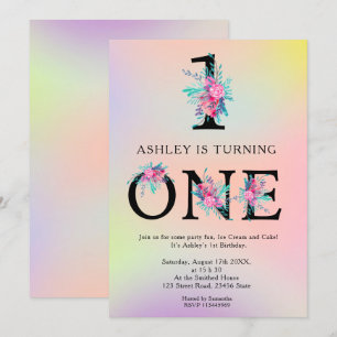 Unicorn ombre floral letters trendy 1e verjaardag kaart