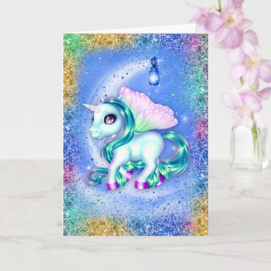 Unicorn over Moon Blue Birthday Kaart (Orchidee)