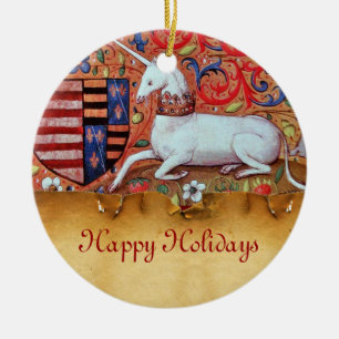 UNICORN PARCHMENT MET RED RUBY GEMSTONE KERAMISCH ORNAMENT