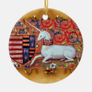 UNICORN PARCHMENT MET RED RUBY GEMSTONE KERAMISCH ORNAMENT