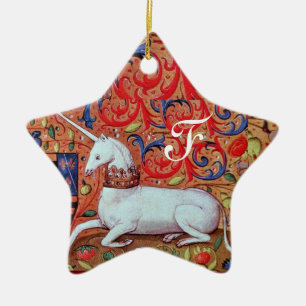 UNICORN PARCHMENT STAR MONOGRAM, RED RUBY GEMSTONE KERAMISCH ORNAMENT