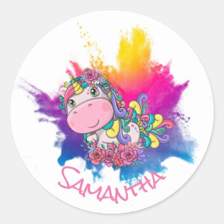 Unicorn Party Paars Yellow Splash Ronde Sticker
