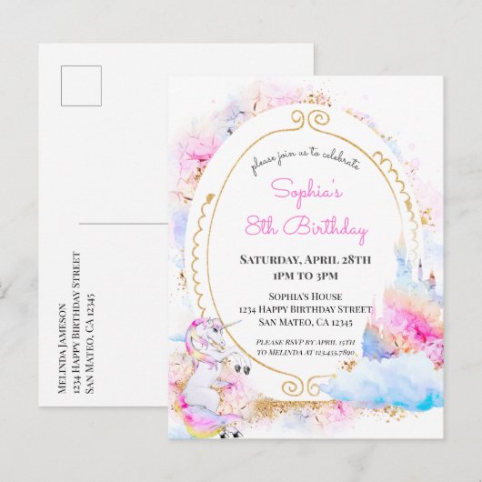 Unicorn Pastel Princess Birthday Party Invitation Uitnodiging Briefkaart (Voorkant / Achterkant)