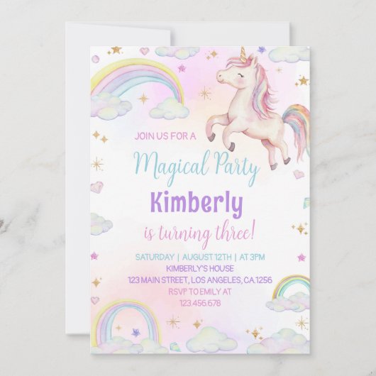 Unicorn Pastel Rainbow Invitation d'anniversaire (Devant)